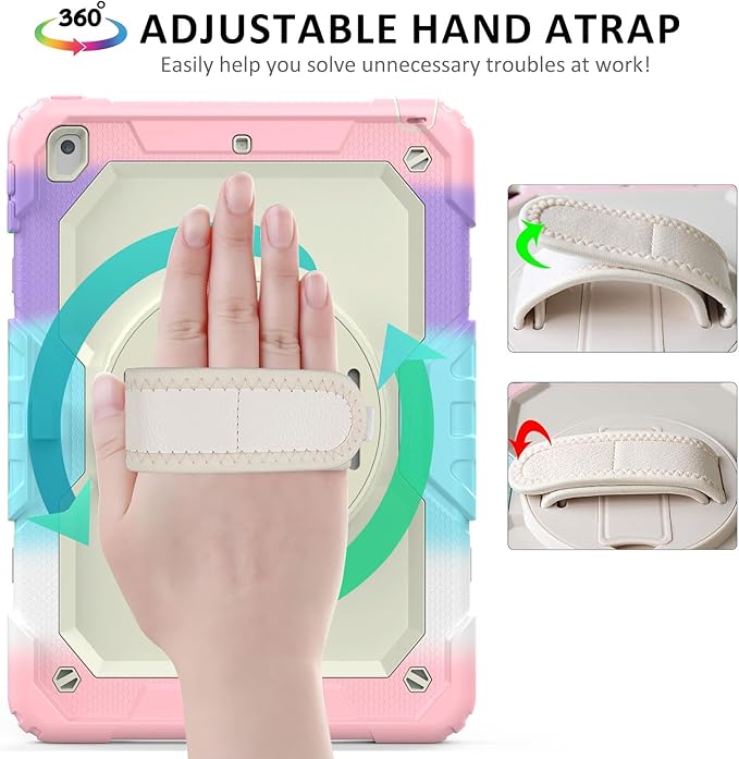 Ambison Case for iPad 9th/8th/7th Generation 10.2'' 2021/2020/2019 [Kid Proof] Full Body Protective Case with 9H Tempered Glass Screen Protector 360° Rotatable Kickstand &amp Hand Strap (Light Pink