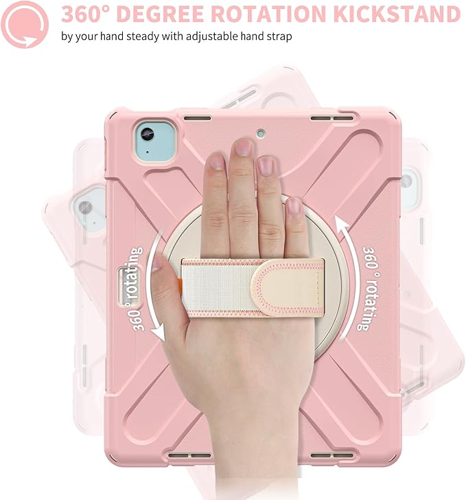 for iPad Air 13-inch M2 (2024) A2898/A2899 for iPad Pro 12.9 Rugged Case Portable Heavy Duty Shock-Proof Armor Cover with Swivel Kickstand/Hand Grip Shoulder Strap Pencil Holder (Pink)