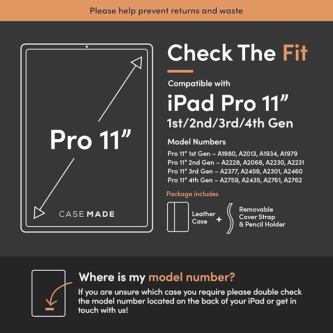 Casemade Real Leather Case Compatible with iPad Pro 11” 1st/2nd/3rd/4th Gen (2018/2020/2021/2022) - Full-Grain Leather Cover Auto Sleep/Wake Dual Stand Position (Black)