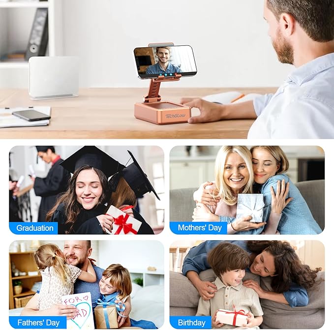 TechGlow Gifts for Men Women Foldable Cellphone Stand with Bluetooth Speaker and Charging Function Birthday Gift Idea for Mom Dad Cool Gadget Tech Gifts-Rose Gold