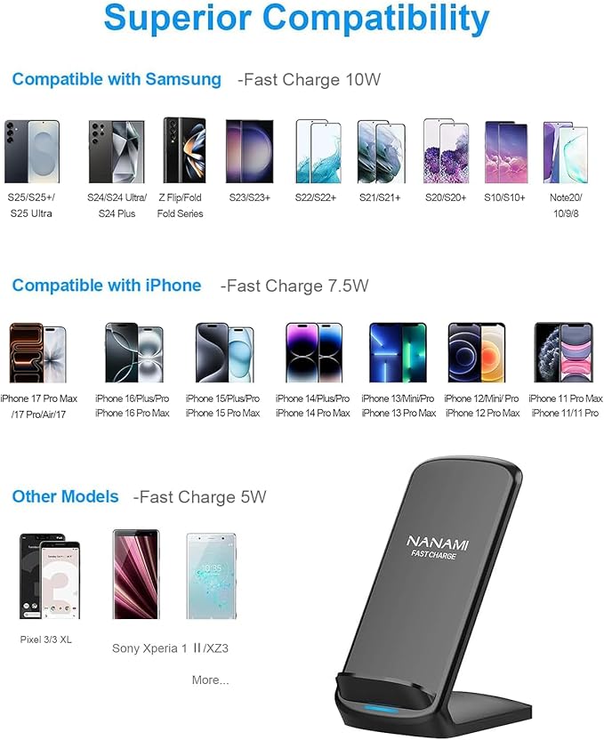 NANAMI Fast Wireless Charger 10W Max Wireless Charging Stand with PD20W Adapter Charger Compatible for iPhone 17/17 Air/17 Pro/17 Pro Max/16/15/14/13/12Samsung Galaxy S26/S25/S24/S23/S22/S21/Note 20