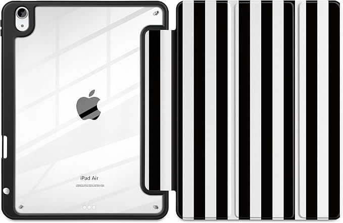 DONGKE Case for iPad Air 11-inch M4 2026 &amp M3 2025 &amp M2 2024 iPad Air 5th/4th Generation 10.9 2022/2020 [Built-in Pencil Holder] Clear Acrylic Back Trifold Stand Smart Cover Black Stripes