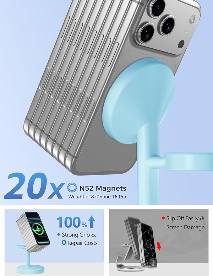2026 3 in 1 Wireless Charging Station Compatible with MagSafe 15W Fast Magnetic Mag-Safe Charger Stand for Apple iPhone 17 16 15 14 13 12 Series iWatch AirPods Pro 4 3 2 Iceblue