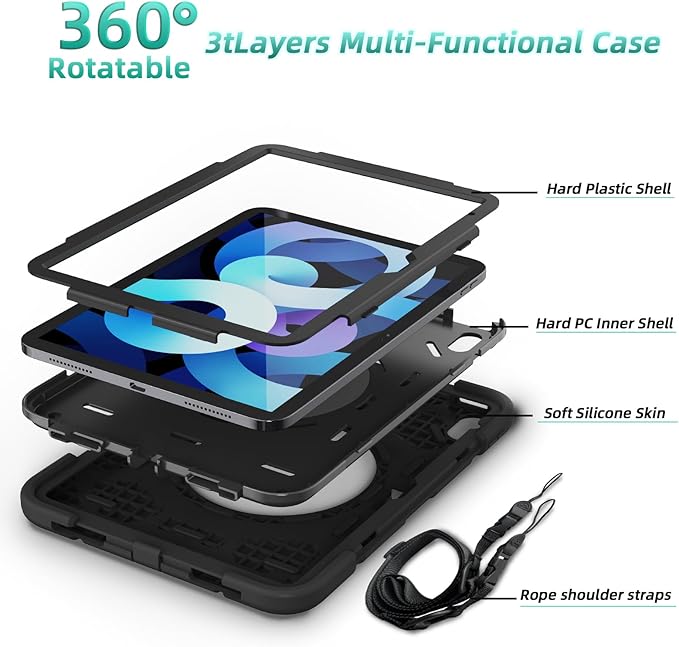 case for iPad (A16) 11th Generation 11 Inch (2025)iPad 10th Generation 10.9 Inch(2022)with[Tempered Glass Screen Protector] [Pencil Holder] 360° Rotating Handle Stand (Black)