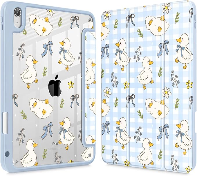 Case for iPad 11 inch A16 2025 Generation 11th / iPad 10.9 inch 2022 10th Gen Buit in Pencil Holder with Shockproof Cover Clear Transparent Back Shell Auto Wake/Sleep Duck &amp Bow Blue