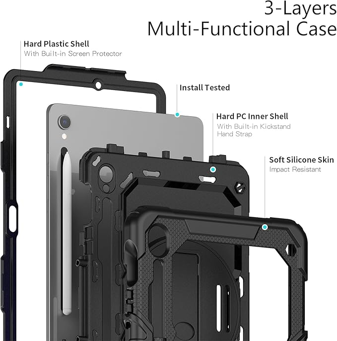 Case for Samsung Galaxy Tab S10+ / S9 FE+ Plus / S9+ Plus 12.4 Inch with Screen Protector Hand Strap Shoulder Strap 360 Rotating Stand and Pen Holder - Black