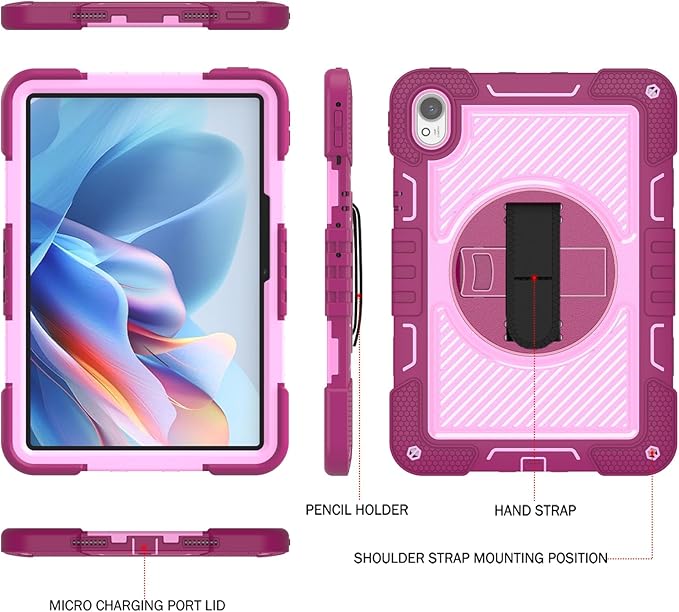 Tablet Case for Huawei MatePad Air 11.5/Huawei MatePad 11.5 S/Huawei MatePad 11.5 Tablet Shockproof Cover with 360° Rotating Stand and Wrist Strap Shoulder Strap Red Rose+Pink