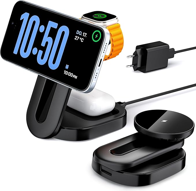 KPON 3 in 1 Magsafe Charging Station for Nightstand Wireless Fordable Charger Stand for iPhone 16 15 14 13 12 Pro Max Travel Magnetic Charging Stand for Apple Watch/Airpods
