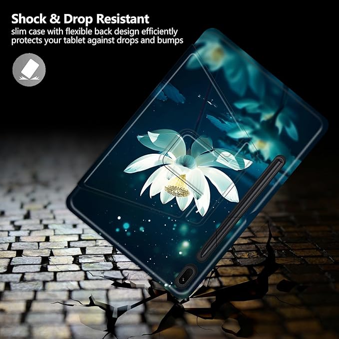 White Lotus Flower Pattern Case for Samsung Galaxy Tab S8 Plus 2022/S7 FE 2021/S7 Plus 2020 12.4 InchBFDHGQZC 360 Degree Rotating Stand Protective Cover with Auto Sleep/Wake