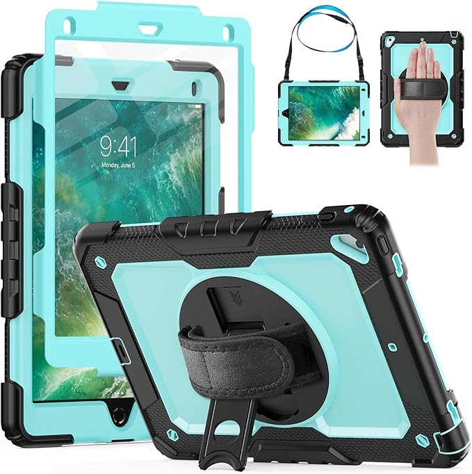 HXCASEAC Case for iPad Pro 9.7 Air 2 9.7 inch 6th/5th Gen 2018/2017/2016/2014 with Screen Protector/Pencil Holder/ 360 Rotating Hand Strap Stand Full Body Protective Cover for iPad 9.7 - Blue