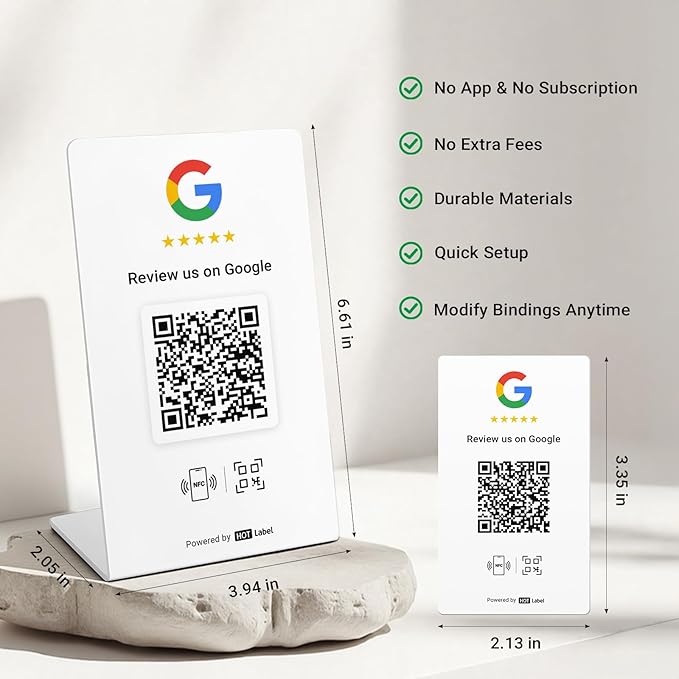 HotLabel Review Stand 1-Pack + Bonus Review Tap Card 1-Pack + For Boosting Business Reviews + White + NFC Tap &amp QR Code + Supports 2 Different Stores or Same + No App/No Subscription