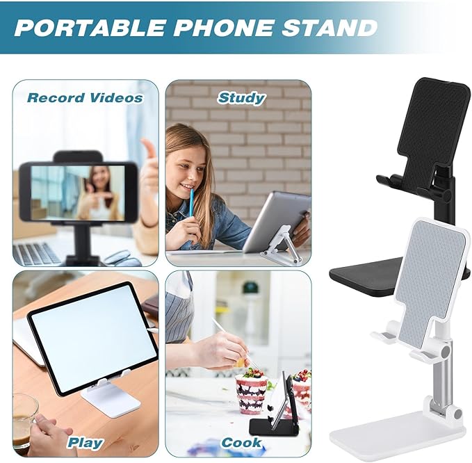 12 Pcs Cell Phone Stand Desk Table Adjustable Angle Height Phone Stand Foldable Portable Mobile Holder Silicone Pad Smartphone Tablet Holder Bulk for Office Travel Filming (WhiteBlack)
