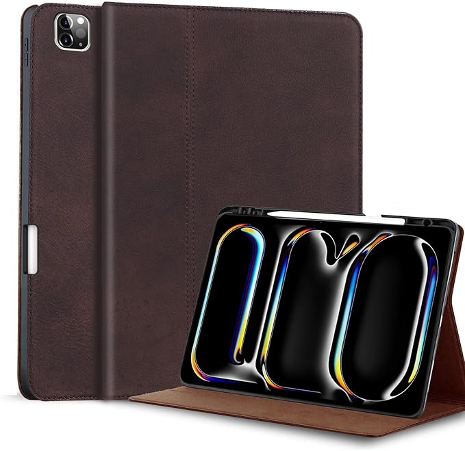 Gexmil Genuine Leather Case for iPad Pro 11 Inch (M5/M4) 2025/2024 with Pencil HolderProtective Shockproof Leather Smart Folio Cover Adjustable Stand Auto Sleep/Wake Anti-Slip Sanded Brown