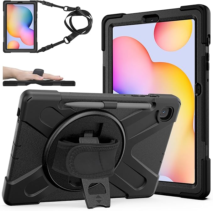 ZenRich Samsung Galaxy Tab S6 Lite Case 2024/2022/2020(SM-P620/P625/P610/P613/P615/P619) with [S Pen Holder] Shockproof Rugged Case with [Stand] [Hand Strap] [Shoulder Belt] Black