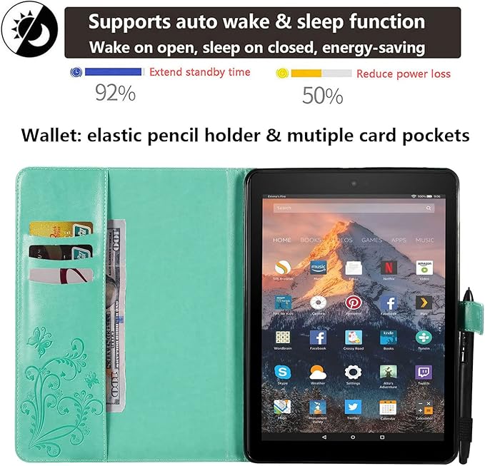 for Kindle Fire HD 10 &amp HD 10 Plus Case 13th/11th Generation 10.1 (2023/2021) Stand Embossed PU Leather Magnetic Wallet Cover with Pencil Holder/Pockets [Auto Wake/Sleep] Green Butterfly