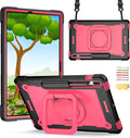 Stand Case for Samsung Galaxy Tab S8 Plus 2022/Tab S7 FE 5G 2021/Tab S7 Plus 2020 12.4 inch 360 Degree Rotating Kickstandwith Hand/Shoulder Strap Rugged Shockproof Cover Black &amp Rose Red