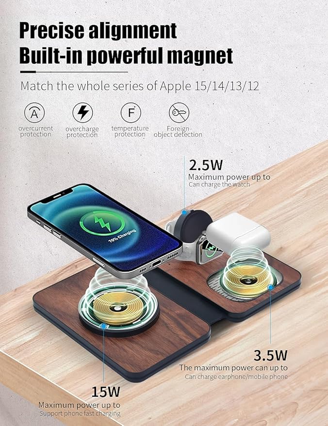 3-in-1 Charging Station for Apple Devices Fast Mag Safe Wireless Charger Foldable Travel Charger for Cell Phone 16-12 Series AirPods and iWatch Series (wulnut Wood)