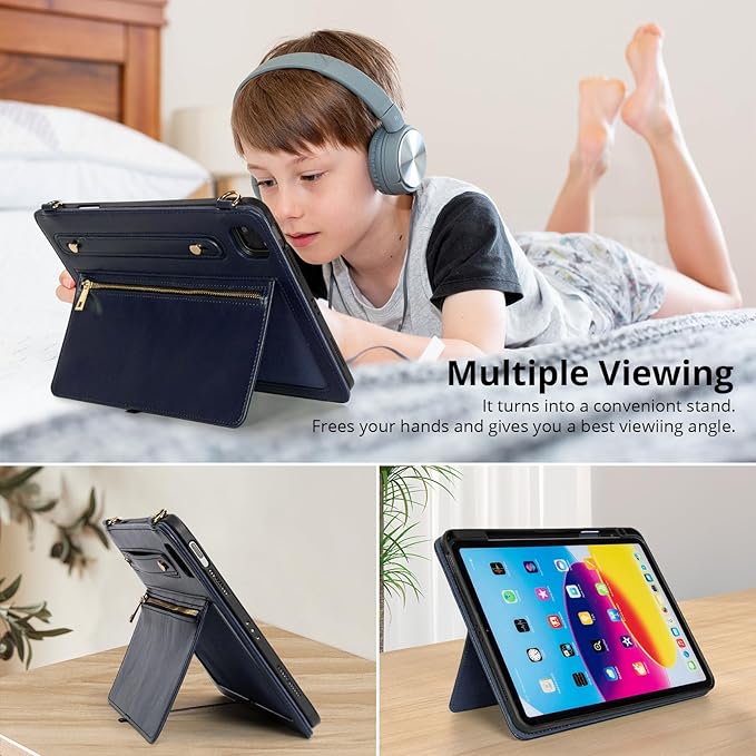 Dteck Case for iPad Air 13 inch M2 2024/iPad Pro 12.9 Case 6th/5th/4th/3rd Generation 2022/2021/2020/2018Premium PU Leather Shockproof Protective Case Zipper Pocket Strap Soft TPU CoverDarkblue