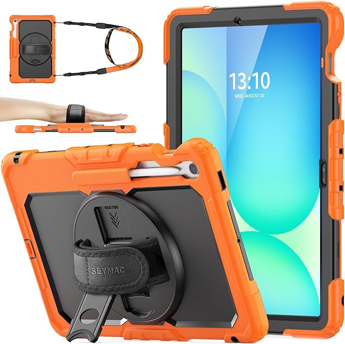SEYMAC stock Case for Samsung Galaxy Tab S10 FE+ Plus 5G Tablet Case 13.1'' Protective with Screen Protector Pen Holder 360 Rotate Stand Hand Strap Shoulder Strap Orange1