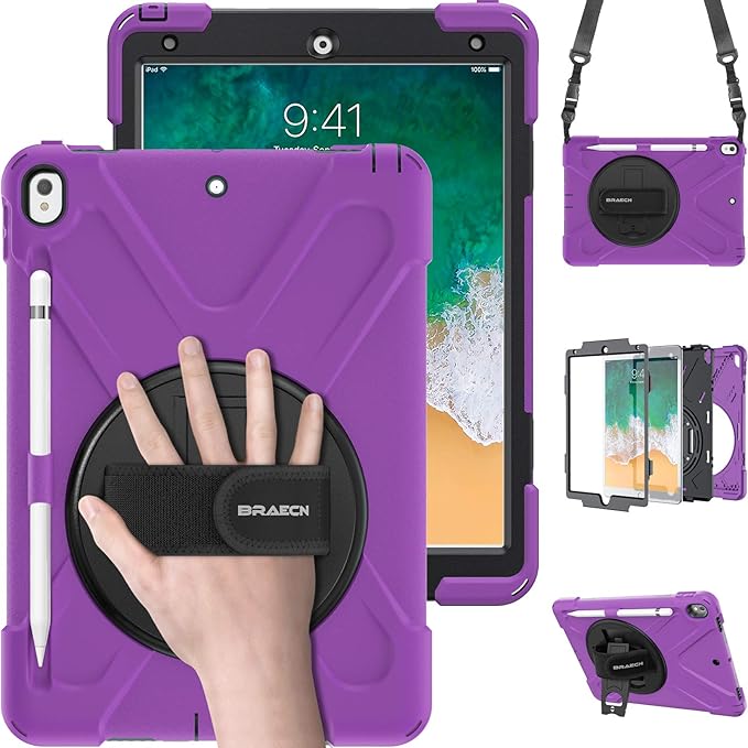 BRAECN Case for iPad Air 3rd Generation 2019 / iPad Pro 10.5 inch 2017 Rugged Heavy Duty Shockproof Cover with Pencil Holder 360° Rotating Kickstand &amp Adjustable Hand Strap &amp Shoulder Strap