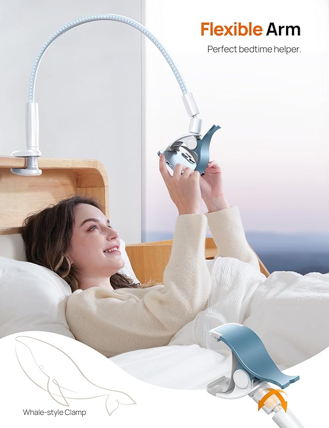 Aomiker Gooseneck Phone Holder for Bed - [Upgrade Nylon Braid] 38” Flexible Lazy Arm Clip 360 Adjustable Overhead Phone Mount for iPhone 16 15 14 13 12 11 Pro Max Mini Plus 4-7 Cellphone - White