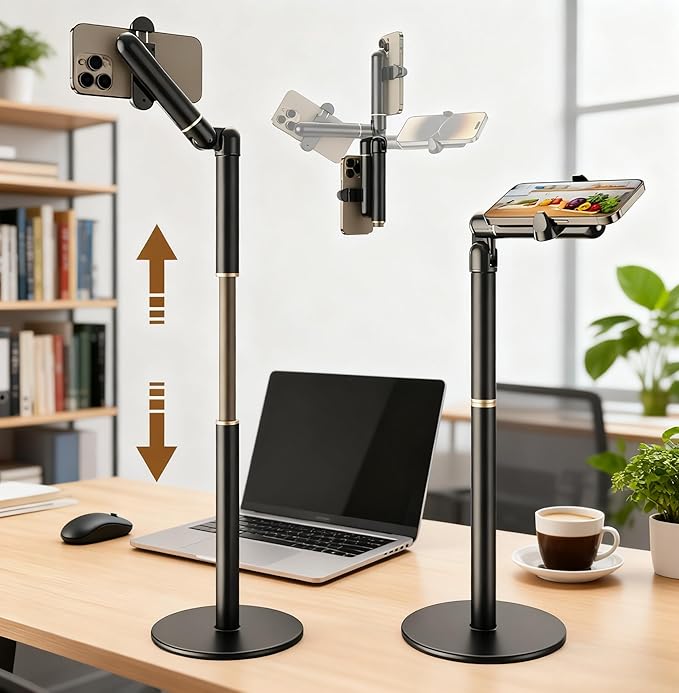 【25inch/63cm Aluminum Overhead Phone Mount360° Angle Adjustable Cellphone Stand Holder 4-6.9 Table Top YouTube Streaming Content Creator Video Recording. YE-S
