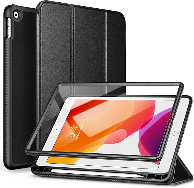 SURITCH for iPad 9th/8th/7th Generation iPad 10.2 Case [Built in Screen Protector] [Pencil Holder] Lightweight Leather Case Smart Cover and Magnetic Trifold Stand for iPad 2021/2020/2019(Black)