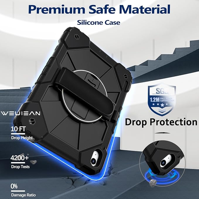 Weuiean Case for iPad A16 11th/10th Generation 11/10.9 Military-Grade Heavy-Duty Shockproof Cover with 360° Rotating Stand Built-in Pencil Holder &amp Adjustable Hand/Shoulder Strap - Black+Black