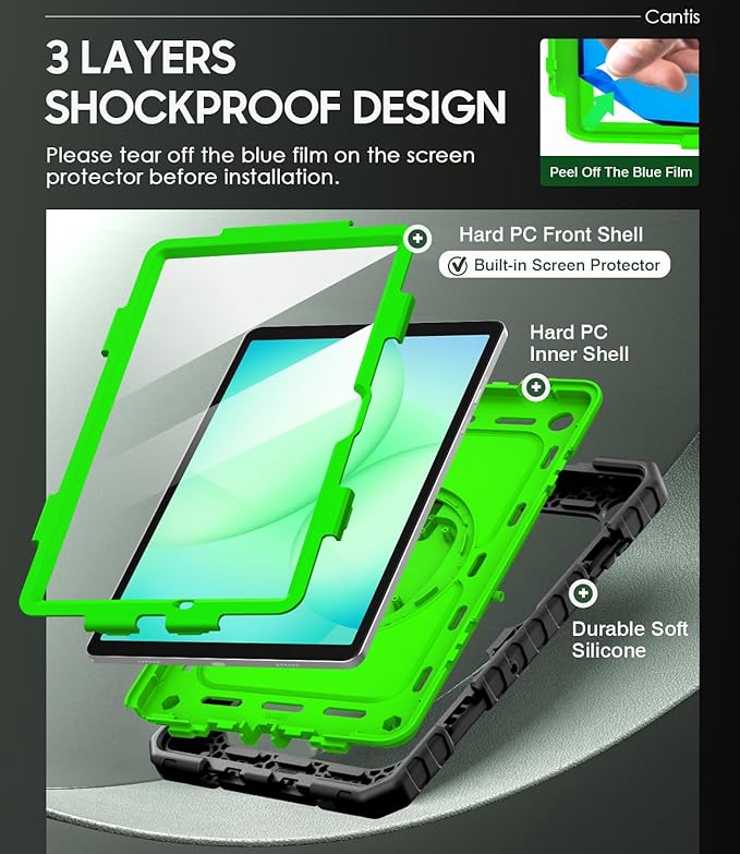 Cantis Case for Samsung Galaxy Tab A11 Plus 11 Inch 2026 (SM-X230/X236/X238) Shockproof Case for Tab A11+ with Screen Protector/Rotating Stand/Pen Holder/Shoulder Strap (Black+Green)