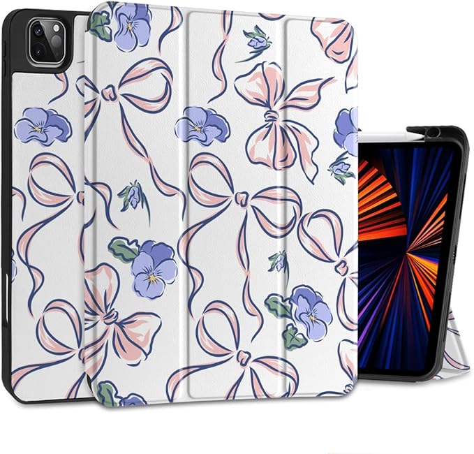 DONGKE Case for 2022/2021/2020/2018 iPad Pro 11 inch Gen 4/3/2/1 - Slim Protective Case - Built in Pencil Holder Support Charging - Trifold Stand &amp Sleep/Wake Cover- Pansies Flower