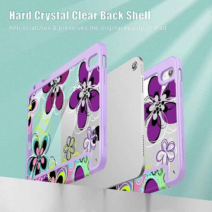 Case for iPad 11 inch A16 2025 Generation 11th / iPad 10.9 inch 2022 10th Gen Buit in Pencil Holder with Shockproof Cover Clear Transparent Back Shell Auto Wake/Sleep Abstract Floral SD163