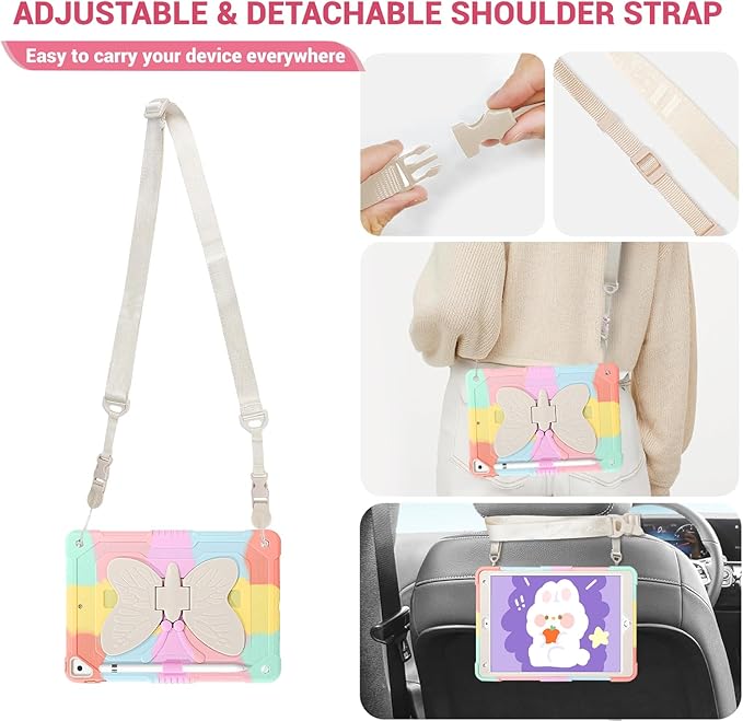 for iPad 9th/8th/7th Generation 10.2 inch Butterfly Case Cute iPad Air 3 10.5 Kawaii Girly Soft Silicone Protective Cover for Kids Girls Women w/Stand Shoulder Strap Pencil Holder Colorful