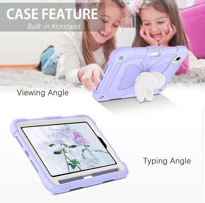 DUEDUE Case for iPad mini 7 (A17 Pro) 2024iPad mini 6 Case 2021 Butterfly Wings Kickstand with Pencil Holder Shockproof Protective Tablet Case for iPad mini 7th/6th Gen Kids Beige/Purple