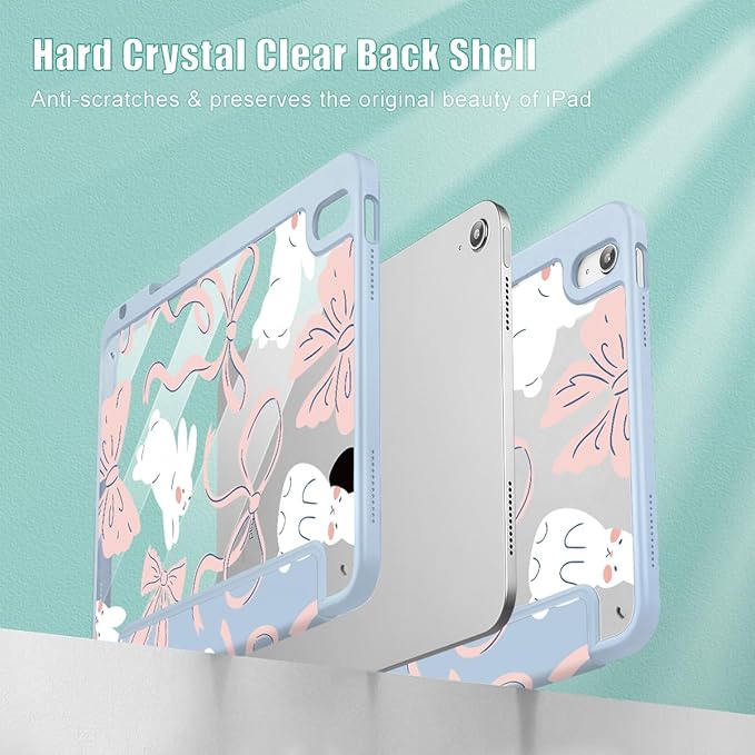 Case for iPad (A16) 11th Gen 11 Inch 2025 iPad 10th Gen 10.9 inch 2022 with Pencil Holder Slim Printed Stand Protective Cover with Hard PC Translucent Back Shell Cover Bunny Bows
