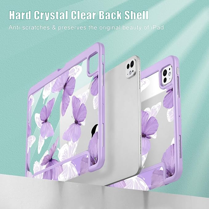 May Chen Case for iPad Pro 11-Inch M5/M4 2025/2024 (6th/5th Generation) Clear Transparent Print Back Shell Slim Stand Shockproof Tablet Cover Auto Wake/Sleep Butterfly P787