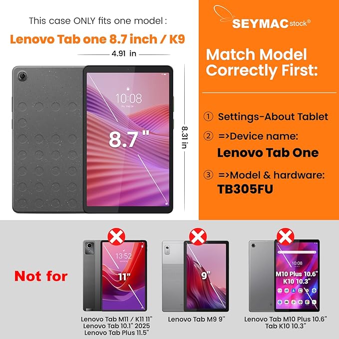 SEYMAC stock Tablet Case for Lenovo Tab One (TB305FU) 8.7 inch Drop-Proof Protection Cover with 360° Rotate Stand &amp Strap [Pen Holder] &amp Screen Protector/K9 2025 SkyBlue+Black