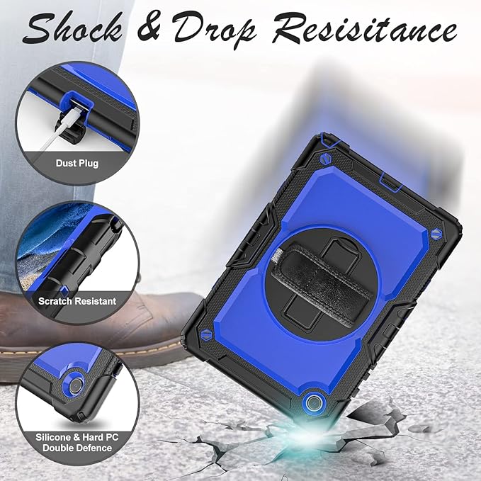 Case for Samsung Galaxy Tab A8 5G Tablet Case 10.5 inch [with Tempered Glass Screen Protector] Rotatable Kickstand S Pen Holder Hand/Shoulder Strap (Blue)