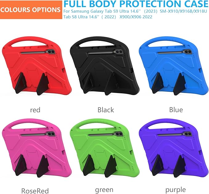 for Samsung Galaxy Tab S9 Ultra &amp S8 Ultra 14.6-Inch Kids Case 2023/2022 (SM-X910/X916/X918/X900/X906) with Kickstand/Handle Stand Kids Friendly Lightweight Soft EVA Shockproof Cover Red