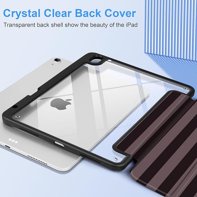 DONGKE Case for iPad Air 11-inch M4 2026 &amp M3 2025 &amp M2 2024 iPad Air 5th/4th Generation 10.9 2022/2020 [Built-in Pencil Holder] Clear Acrylic Back Trifold Stand Smart Cover Brown Stripes