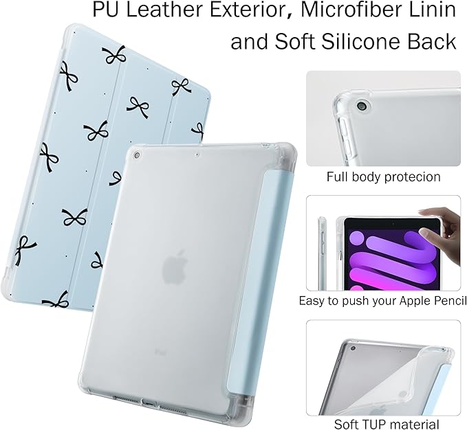Idocolors Case for iPad 11 inch (A16 Chip) 2025 Generation 11th / iPad 10.9 inch 2022 10th Gen Built-in Pencil Holder with Soft TPU Shockproof Back Shell Auto Wake/Sleep Black Bow-Blue