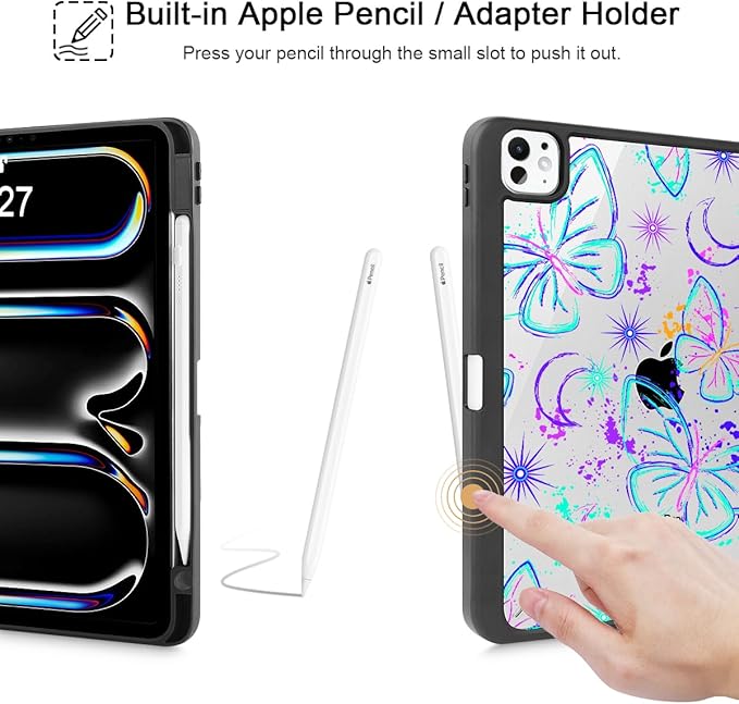 Mektron Case for M5/ M4 iPad Pro 11 inch 2025/2024 with Pencil Holder Compatible Models: A3357/A3358/A3359/A2836/A2837/A3006 Shockproof Cover Clear Shell Fantasy Butterfly