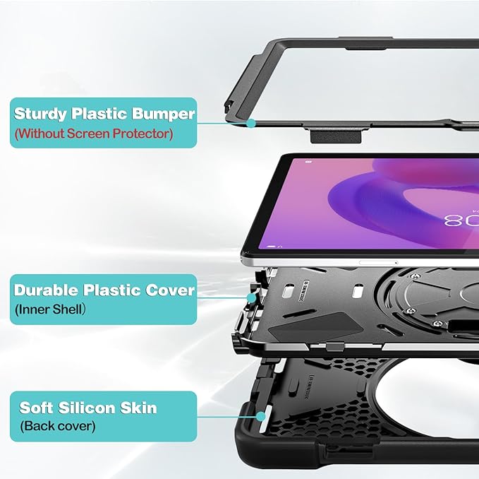 ProCase Protective Case for Lenovo Idea Tab 11 2025 / Tab M11 2024 / Lenovo Tab K11 LTE 2024 Rugged Heavy Duty Shockproof Rotating Kids Cover with 360° Rotate Kickstand &amp Shoulder Strap -Black