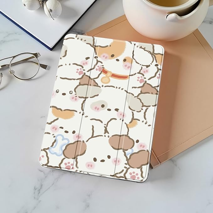 Idocolors Cute Kawaii Puppy Dog Pad Case for 10.2 Inch iPad 9th/7th/8th Gen Clear TPU Trifold Stand Back Cover with Pencil Holder Auto Wake/Sleep Protective Case for iPad 2021/2020/2019