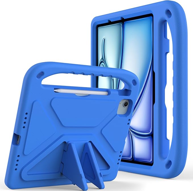 Kids Case for iPad Air 11 inch M4/M3/M2 (2026/2025/2024) &amp iPad Pro 11 inch M5/M4 (2025/2024) with Pencil Holder/Handle/Kickstand Lightweight Shockproof Cute Soft EVA Foam Stand Cover Blue