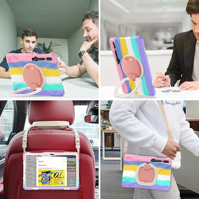 BATYUE Case for Samsung Galaxy Tab S10+ Plus /S9 FE+ Plus /S9+ Plus /S8+ Plus /S7+ Plus /S7 FE 5G 12.4 inch Shockproof Protective Tablet Case with Shoulder Strap Kickstand Rainbow