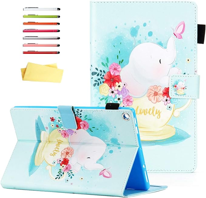 Case for 10.1 Amazon Kindle Fire HD 10 Tablet 9th/7th Generation 2019 and 2017 with Stylus Holder Card Slots [Auto Sleep/Wake] Smart Stand PU Leather Magnetic Folio Cover Flower Elephant