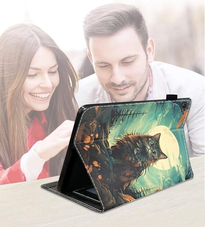Case for Amazon Kindle Fire 7 Tablet (7 9th/7th Generation 2019/2017 Release) Slim PU Leather Cover with Card Slot &amp Auto Wake/Sleep Cat Under The Moon