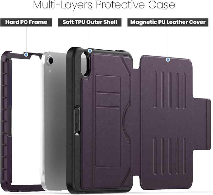 Case for iPad mini 7 (A17 Pro) 2024/ Mini 6 2021 8.3 Inch: Shockproof Rugged Protective Cover with Pencil Holder Auto Wake/Sleep Magnetic Multi-Angles Stand Card Slot Purple