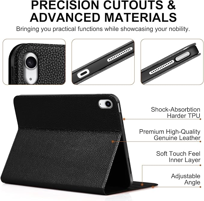 Genuine Leather Case for iPad 11th Gen 11 (2025/A16) &amp 10th Gen 10.9 (2022) | Slim Protective Cover with Adjustable Stand Auto Wake/Sleep Premium Leather | Black