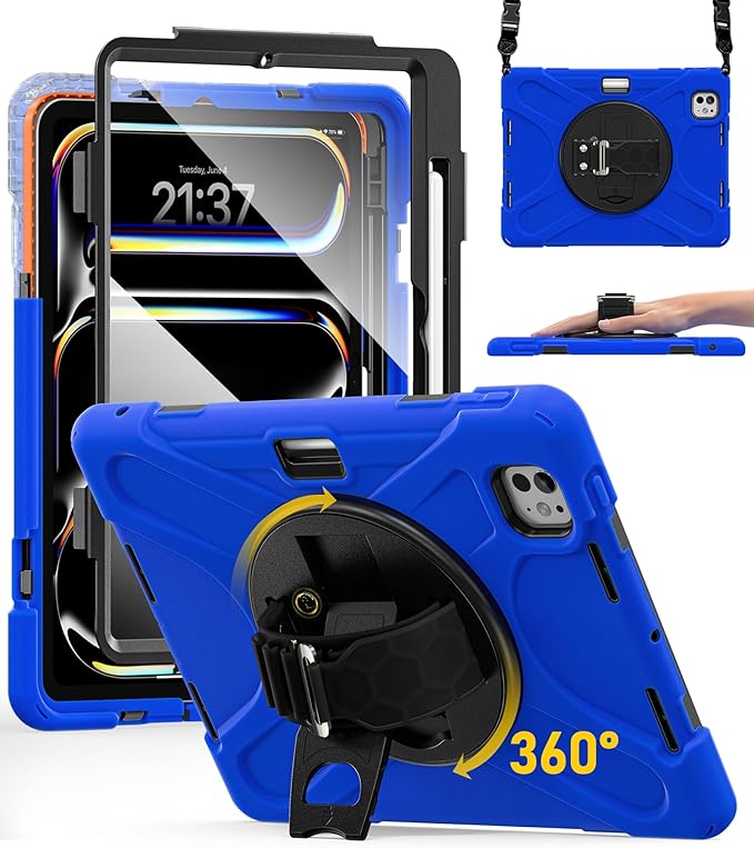 BRAECN Case for iPad Pro 11 inch M5 2025 &amp M4 2024 4 Layers Heavy Duty Full-Body Protection Screen Protector Pencil Holder 360° Rotating Handle Kickstand Shoulder Strap Kids Friendly